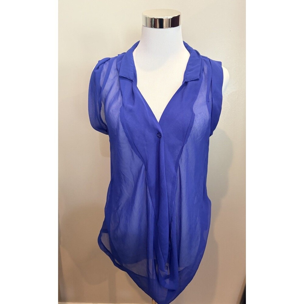 Reneec. Royal Blue Sheer Sleeveless Blouse - Draped V-Neck Top - Size Medium